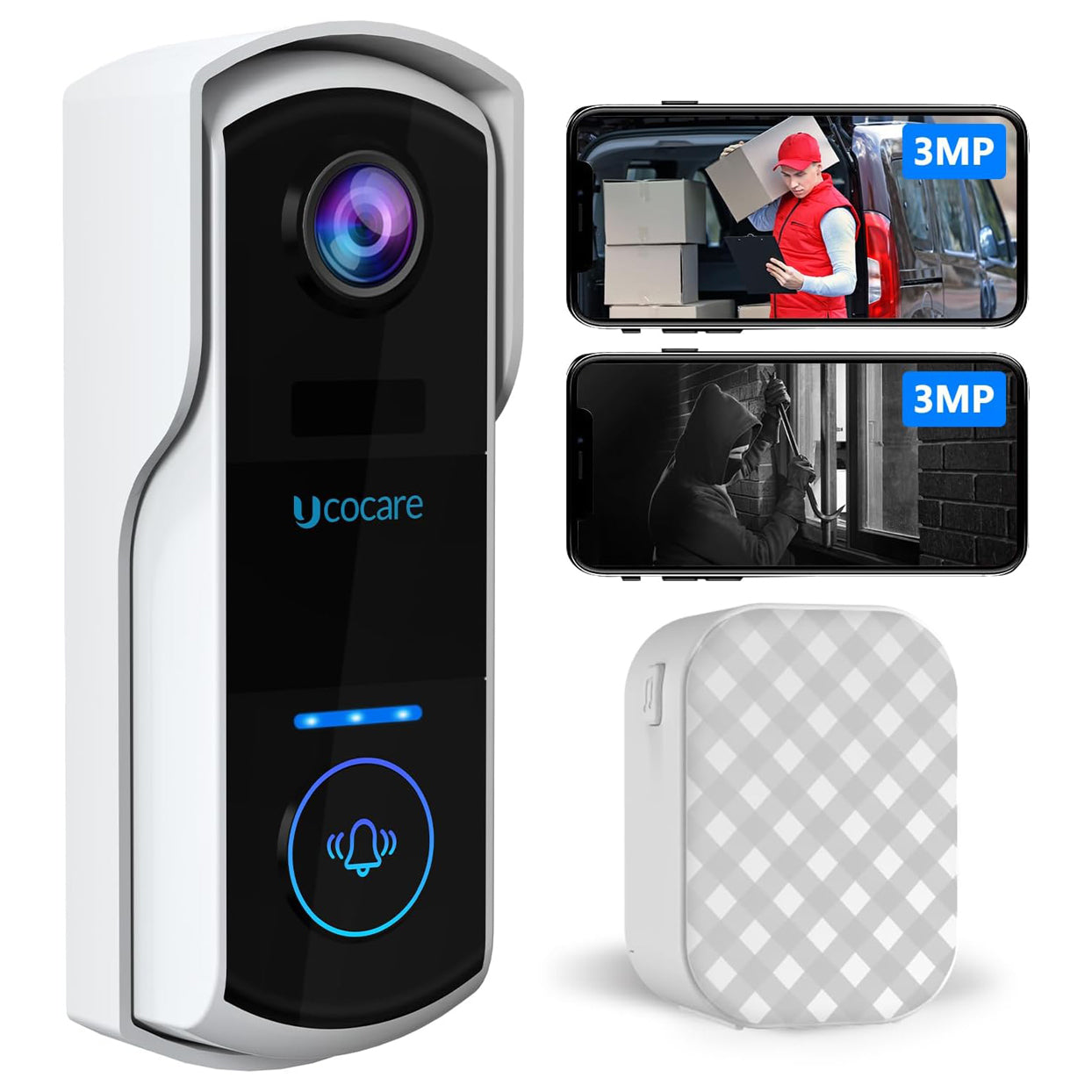 Caméra de sonnette vidéo avec carillon, sonnette vidéo sans fil Wifi Caméra  de sécurité de sonnette vidéo intelligente avec 120 vision nocturne