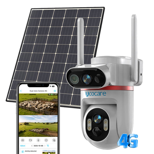 UCOCARE Q70 dual-lens camera with its separate solar panel