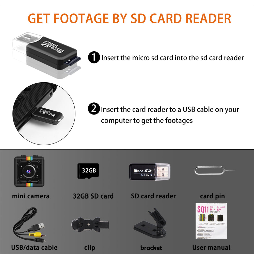 SQ11 FHD Mini Camera 1080P with 32GB Memory Card
